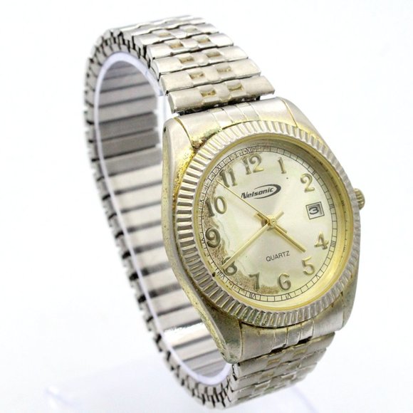 Vintage NELSONIC Watch Quartz Gold Tone Watch Date Indicator 35M Expandable Band - Picture 1 of 8